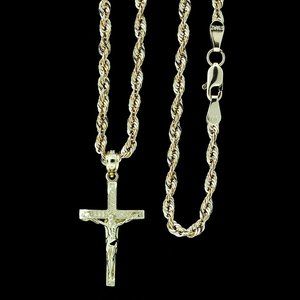 10K Real Gold Rope Chain and Cross Pendant Set